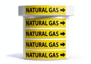 (5 Pack) Natural Gas Pipe Labels Stickers with Arrows | Self Sticking 6mil PVC Natural Gas Pipe Markers for Pipes, Inspections, Detector, Regulator Heaters | 8.5 x 2 inch-0