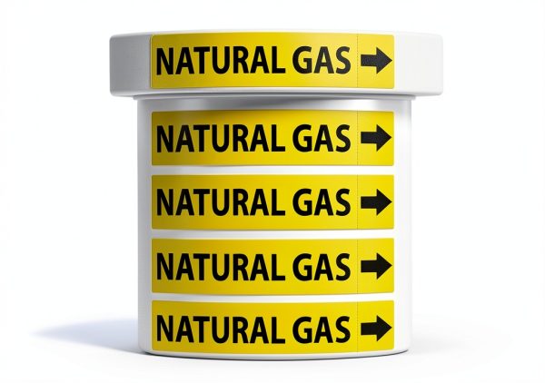 (5 Pack) Natural Gas Pipe Labels Stickers with Arrows | Self Sticking 6mil PVC Natural Gas Pipe Markers for Pipes, Inspections, Detector, Regulator Heaters | 8.5 x 2 inch-0