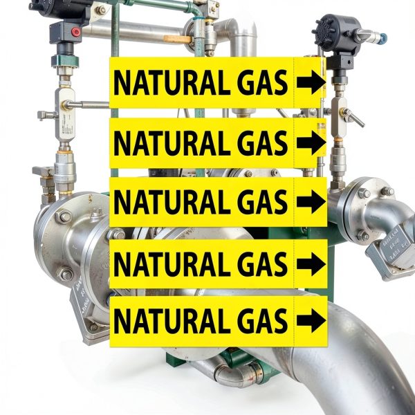 (5 Pack) Natural Gas Pipe Labels Stickers with Arrows | Self Sticking 6mil PVC Natural Gas Pipe Markers for Pipes, Inspections, Detector, Regulator Heaters | 8.5 x 2 inch-3